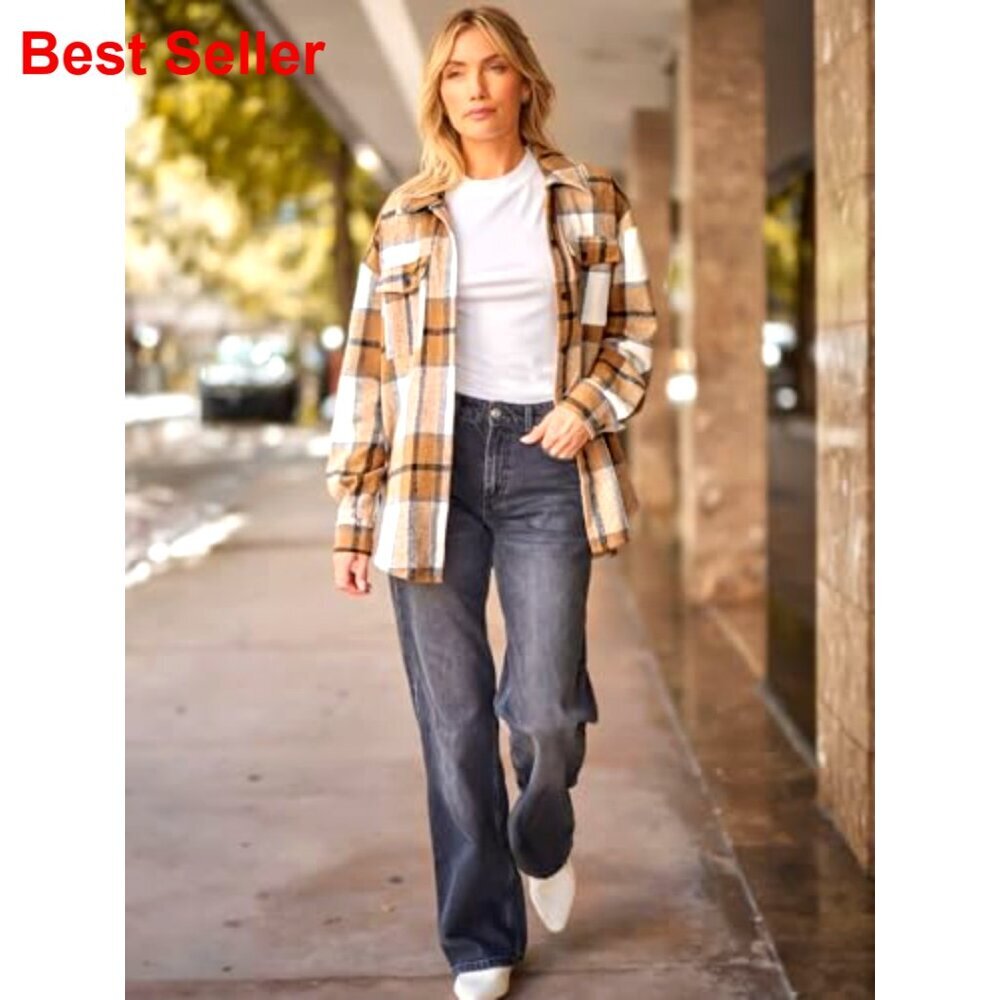 Women's Plaid Flannel Shacket Button Down Shirt Midweight Polyester - Picture 5 of 7